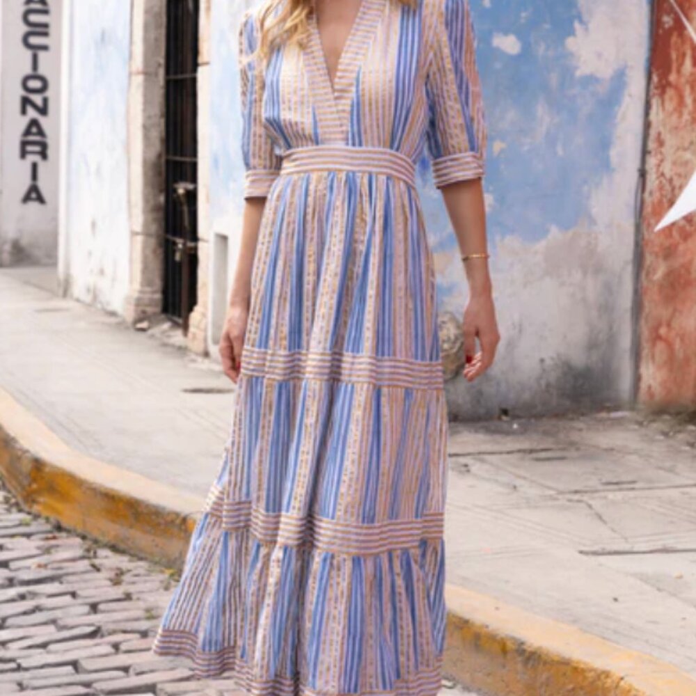 Oliphant Striped Blue and Gold Dress ~ Large